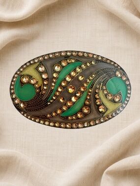 Vintage Art Nouveau Style Brooch Green Enamel Rhinestone Oval Gold Tone Pin Gift